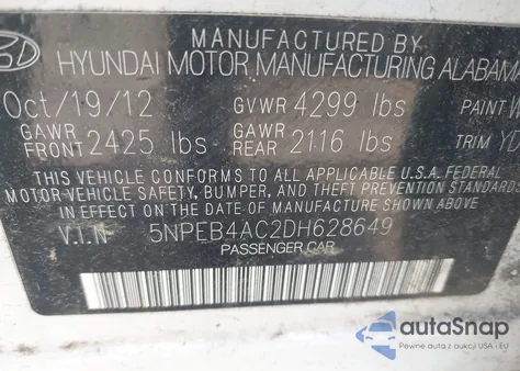 2013 Hyundai Sonata Gls z USA, uszkodzony, nr VIN 5NPEB4AC2DH628649